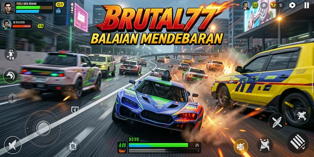 Screenshot utama dari BRUTAL77 menampilkan aksi balapan yang mendebarkan.