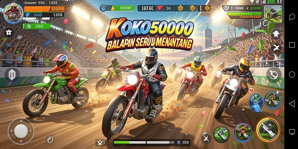 Screenshot gameplay KOKO5000 menunjukkan balapan seru di lintasan yang menantang.
