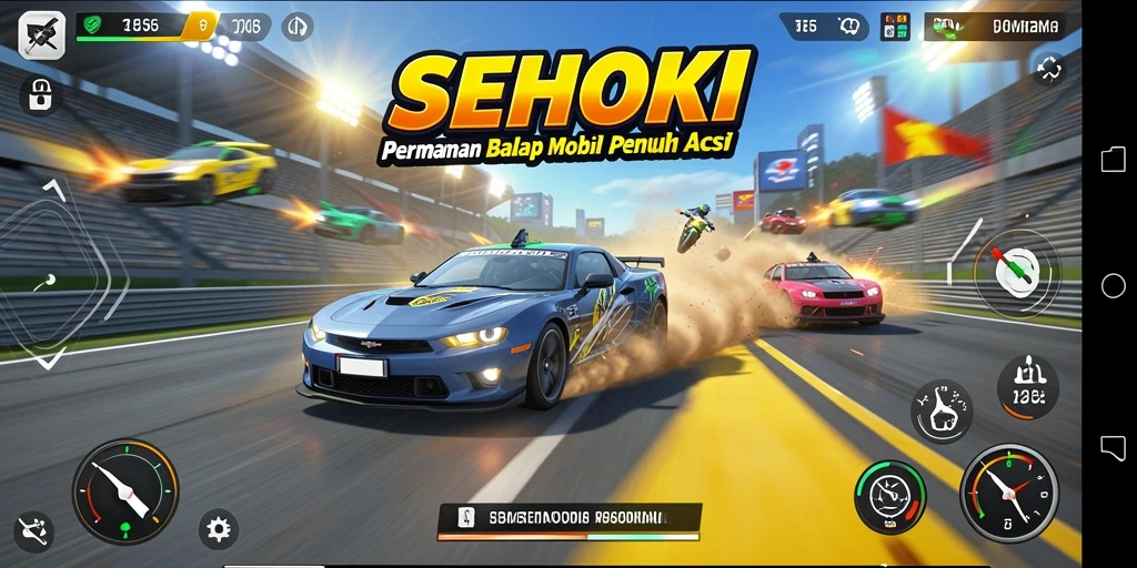 Screenshot dari gameplay SEHOKI menampilkan aksi balap yang mendebarkan.