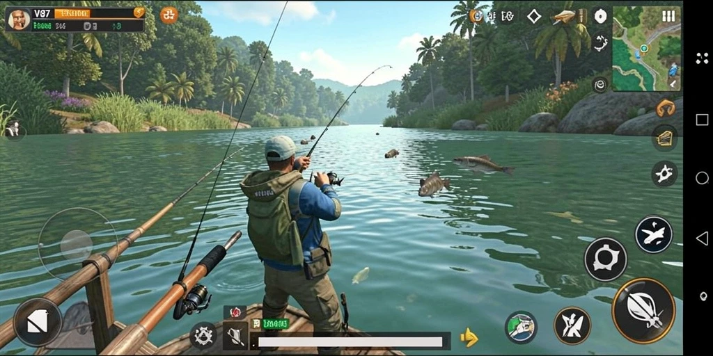 Tampilan gameplay V87 menampilkan aksi memancing yang mendebarkan.